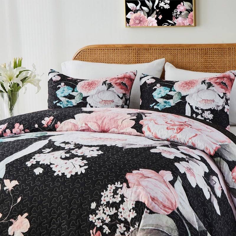 Yogeneg Full Queen Size Quilt Set  Pink Floral Botanical Pattern Black Bedding Set 3 Piece Lightweight Soft Summer Bedspread Coverlet with 2 PIillow Sham for All Season(Pink Floral 90""x96"") - Image 2